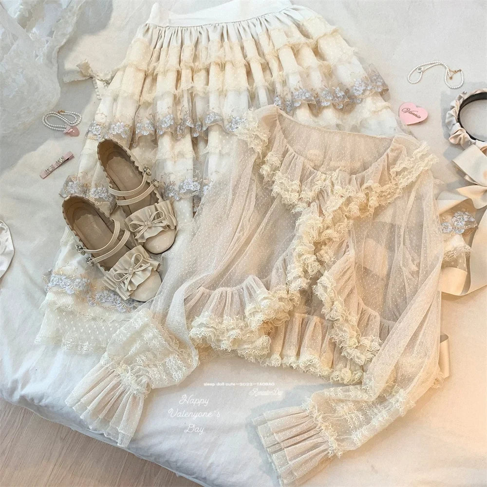 See Through Long Sleeve Japanese Shrugs Autumn Mesh Ruffle Sweet Cropped Jacket Thin Air Conditioning Shirt Short Sun Protection