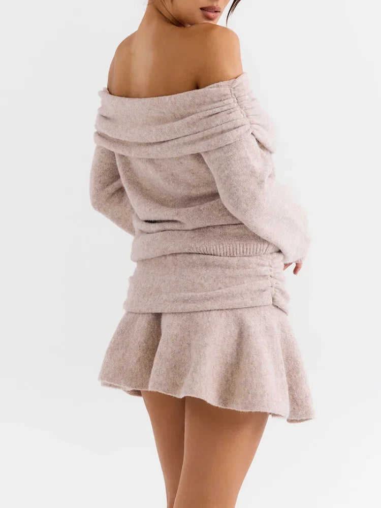 Elegant Solid Color Cashmere Women's Mini Skirt Suits One Neck Off Shoulder Long Sleeved Sweater Sets Lady High Street Outfits