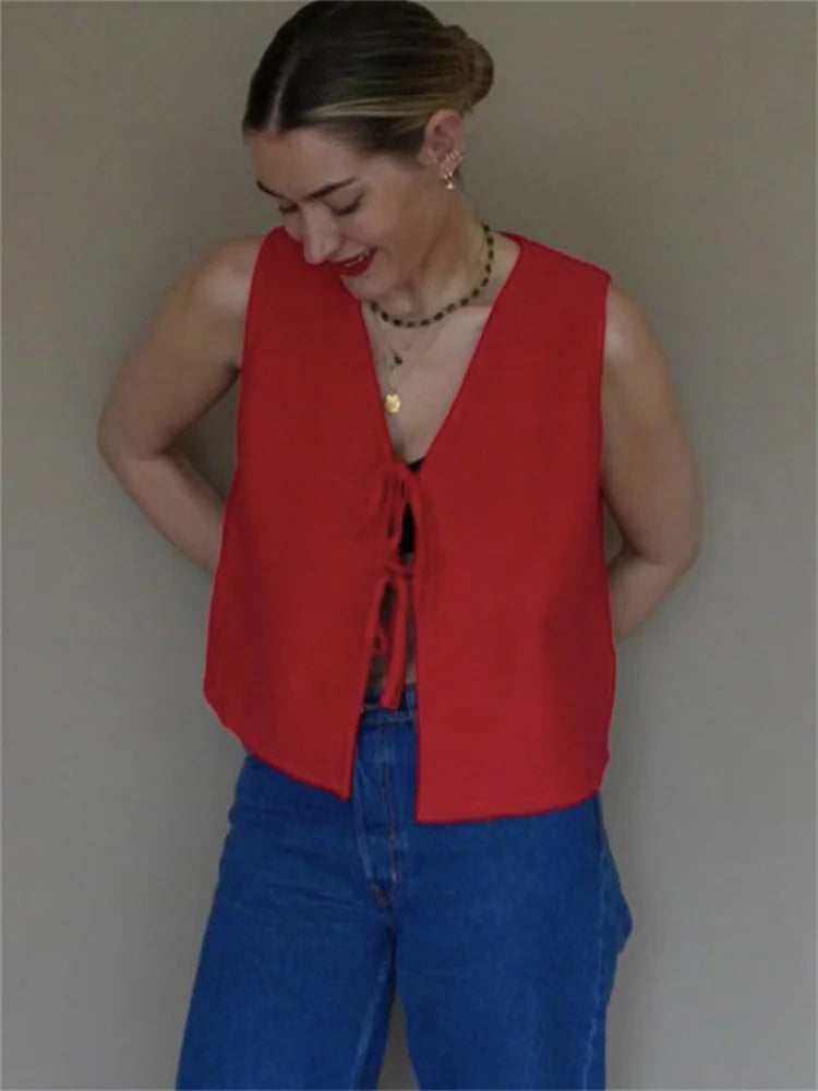 Ribbed Fashion Bandage Cardigan Tank Top Female V-Neck Sleeveless Lace-Up Cropped Vest Top High Waist Casual Summer Top