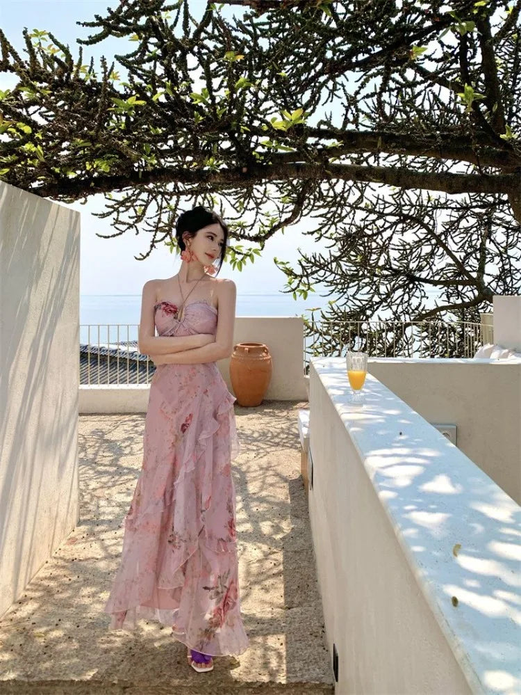 Woman Dress Sexy Elegant Sleeveless Floral Printed Spring Fashion Irregular Ruffles Holiday Hollow Out Backless Dresses