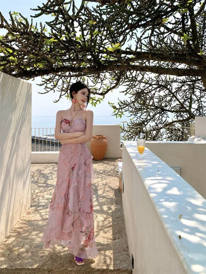 Woman Dress Sexy Elegant Sleeveless Floral Printed Spring Fashion Irregular Ruffles Holiday Hollow Out Backless Dresses