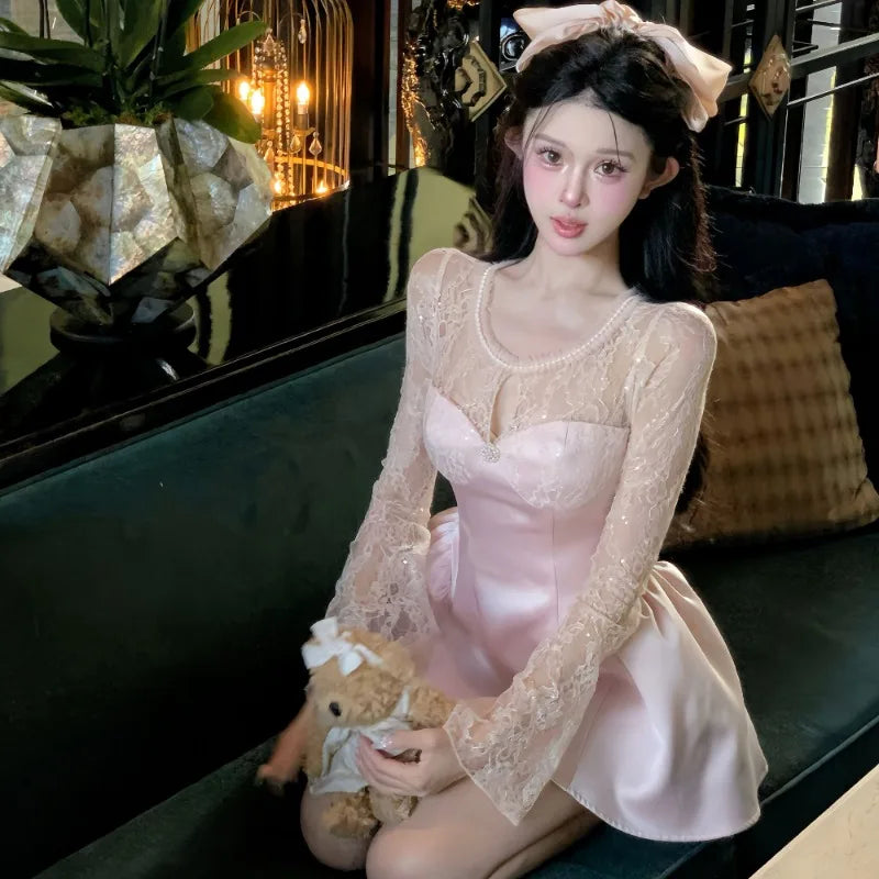 Woman Dress Spring Fashion Flare Long Sleeve Lace Patchwork Hollow Out Slim Elegant Party Mini Dresses Female Princess