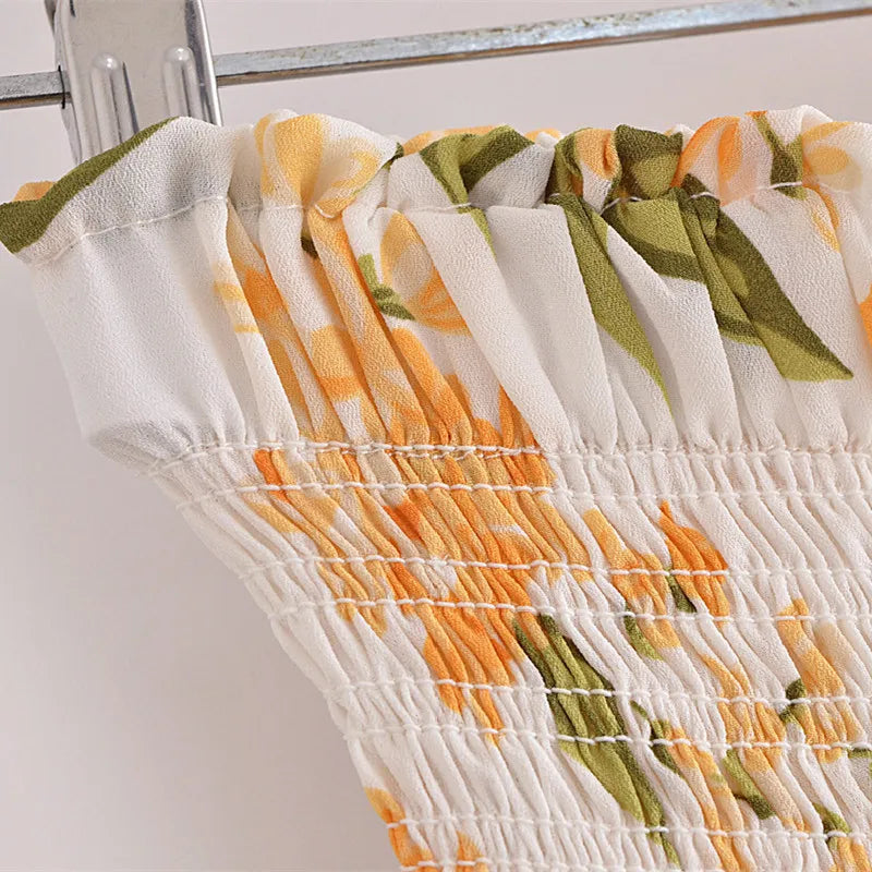 Women Cake Skirts jupe Summer Orange Flower Elastic Waist Ruched Package Hips Wood ears Ruffles Hem Mini Skirt