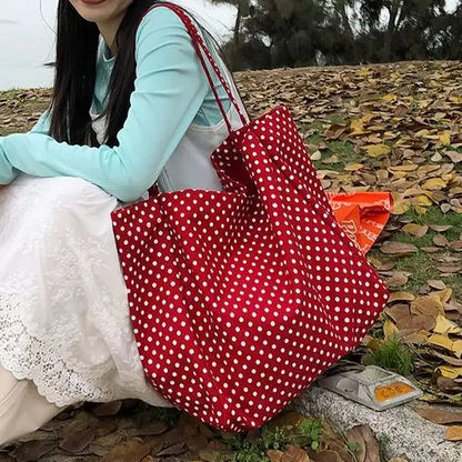 Korean Retro Polka Dot Tote Bag for Female College Students Versatile Class Large Capacity Portable Shoulder Bags