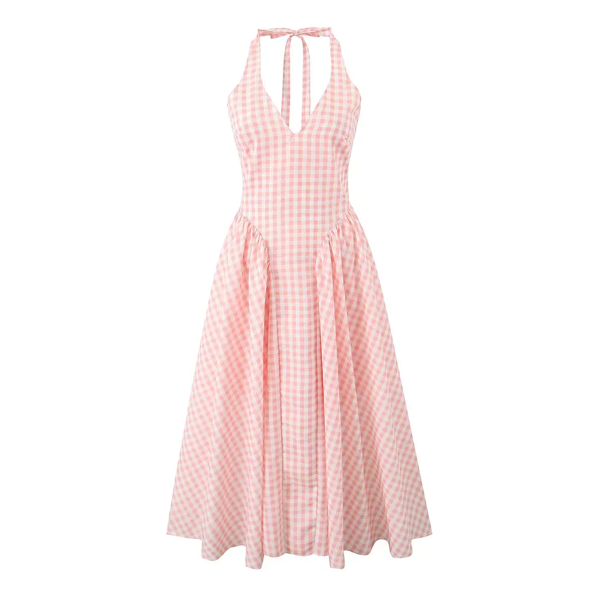 Gingham Print Halter V Neck Pleated Flare Midi Dress