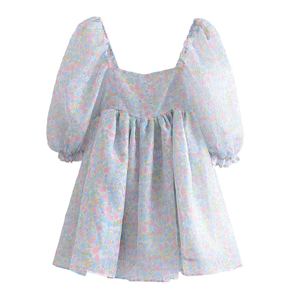 Ditsy Floral Square Neck Puff Sleeve Babydoll Mini Dress