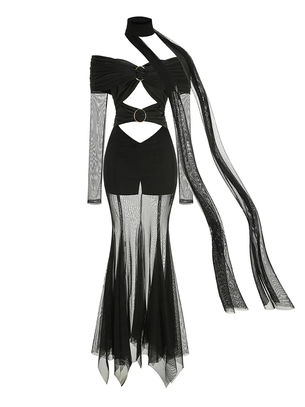 Off Shoulder Mesh Ring Buckle Cutout Hooded Cape Maxi Dress