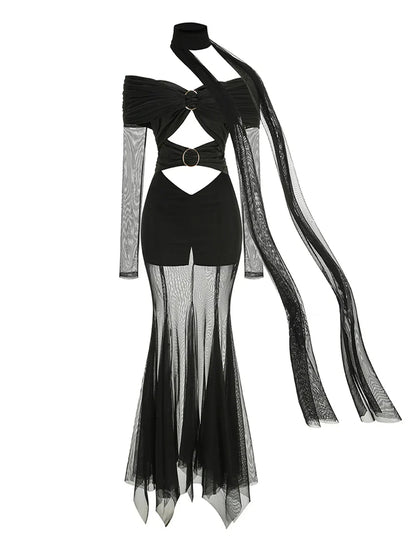 Off Shoulder Mesh Ring Buckle Cutout Hooded Cape Maxi Dress