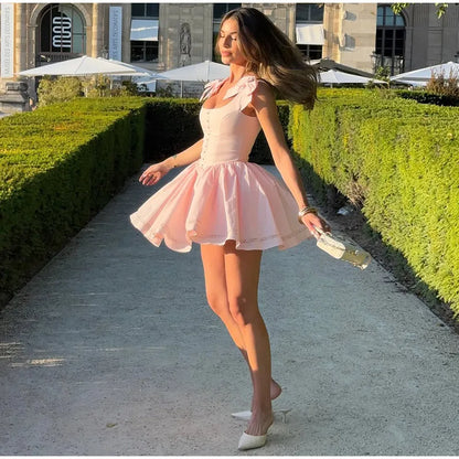 Pink Bow Women's Short Puffy A-line Dress Square Neck Sleeveless Party Dresses Female 2025 Summer Chic Lace Splicing Robe