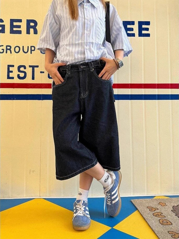 Denim Shorts Women High Waisted Harajuku Vintage Baggy Do Old Belt Straight Wide Leg Jeans Y2k Causal Half Pants Summer