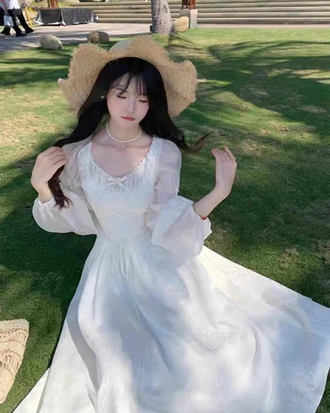 Women Puff Sleeves Floral Lace Up Midi Dress Summer Elegant Medieval Retro Evening Party Prom Chic One-piece Clothing