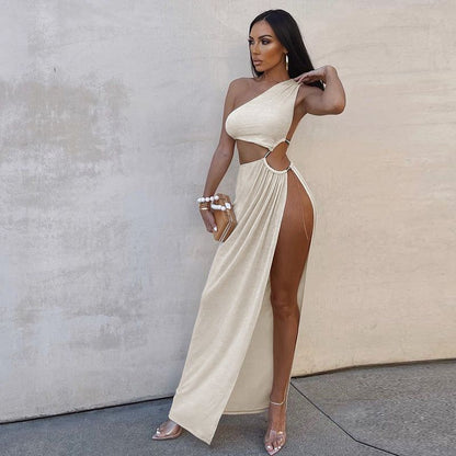 One Shoulder O-Ring Side Waist Cutout Ruched Thigh Slit Maxi Dress