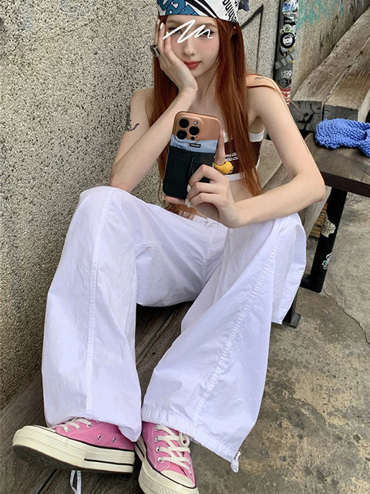 Casual Baggy Wide Leg Sweatpants White Loose Drawstring Low Waist Streetwear Cargo Pants Womens Hippie Joggers Trousers