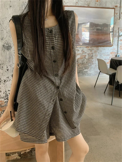 Minimalist Women Two Pieces Suits Chic Office Lady Vest Coats Plaid Wide Leg Shorts Loose Work Wear Elegant Set