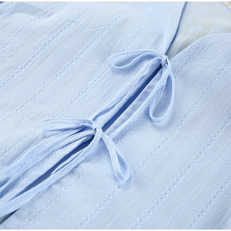 Blue Jacquard 100% Cotton Two Pieces Sets Women 2 Piece Set Oversize Lace Up Blouses Wide Legs Shorts Homewear Stripe Outfits
