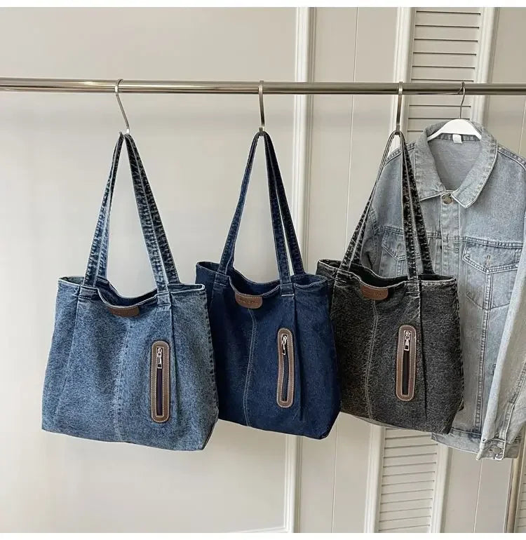 Large Capacity Denim Single Shoulder Bag New Fashion Versatile Tote Retro Commuting Casual Bags