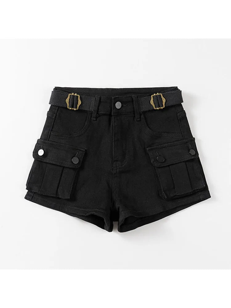 Vintage Women's Denim Shorts Hight Waisted Pockets Khaki Y2k Casual Jeans Cargo Pants Gothic Black Short Jeans Summer New