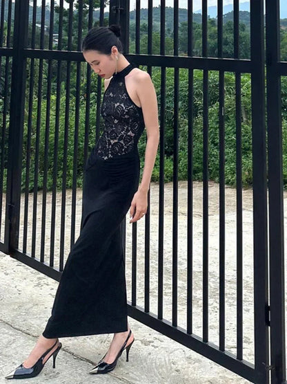 Halter Neck Floral Lace Bodice Column Maxi Dress