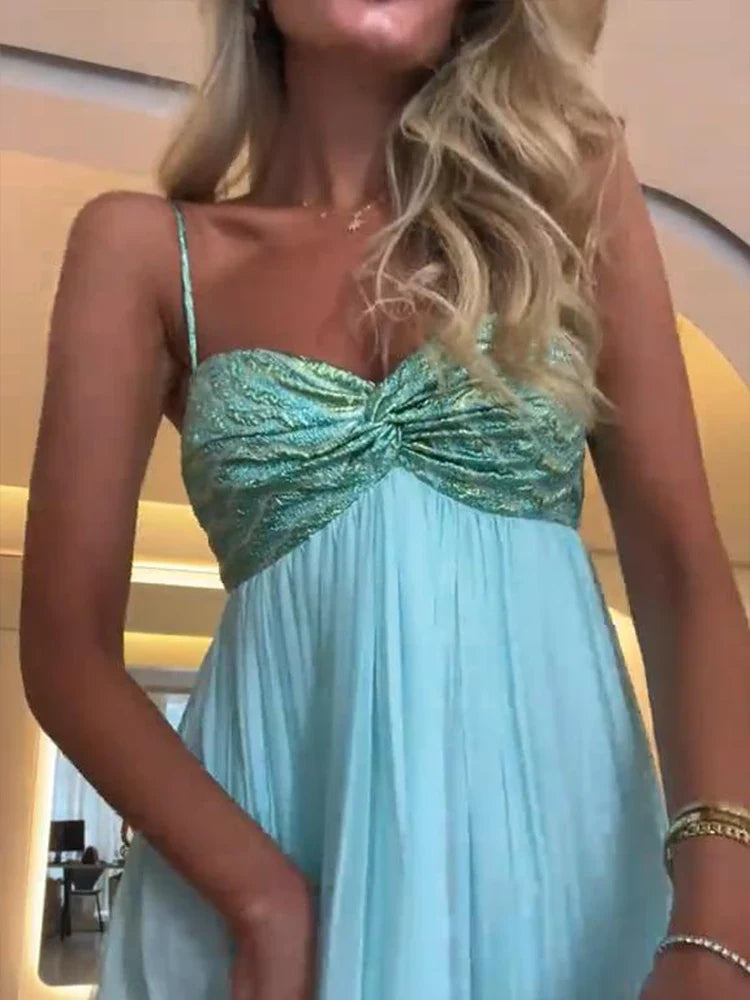 Sexy Pleated Patchwork Sling Long Dress Women Sleeveless Backless A-line Holiday Maxi Dresses 2025 Summer Lady Beach Party Robes