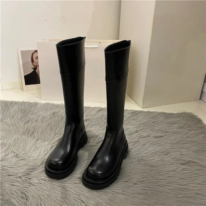 Middle Heel Platform Shoes for Woman Black Footwear Long Winter Knee High Shaft Round Toe Women's Boots Cosplay Pu Spring Autumn