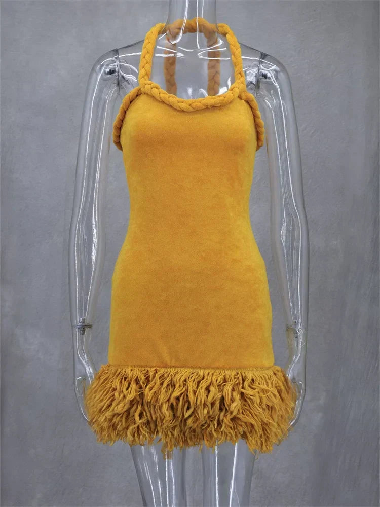 Halter Braided Neck Fringe Hem Boucle Mini Dress