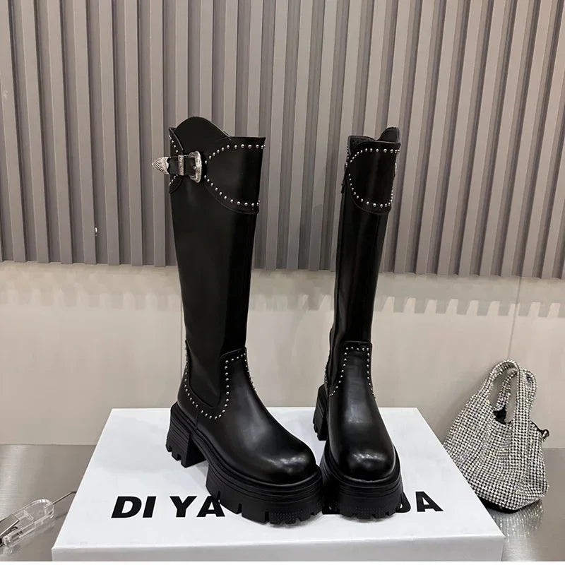 Platform Punk Women's Long Boots Fashion Back Zippers Knee High Botas Ladies Elegant Thick Bottom Shoes Winter Women's Footwear