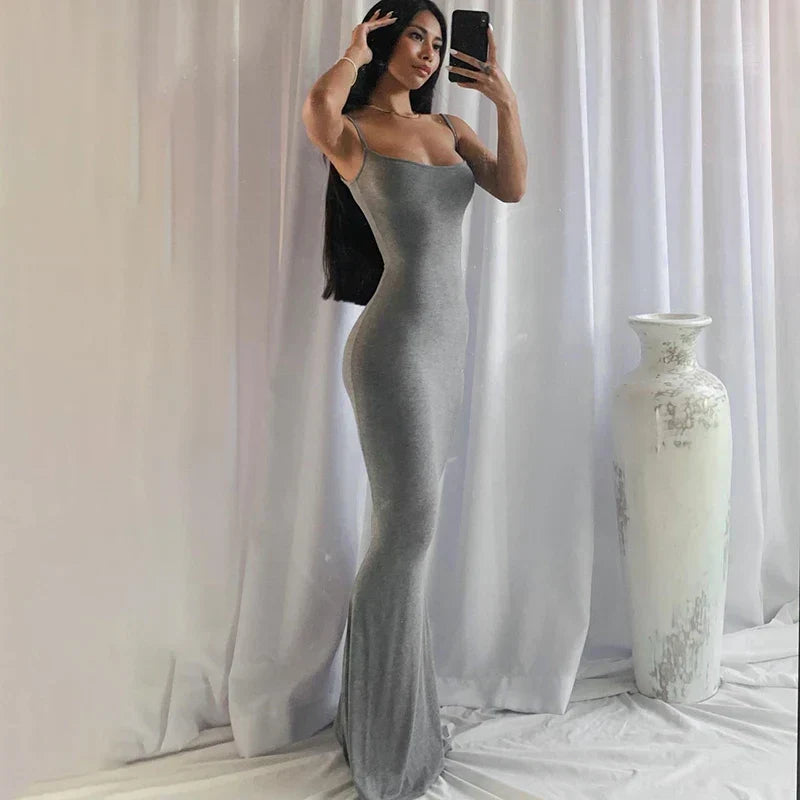 Spaghetti Strap Scoop Neck Ribbed Bodycon Floor Length Maxi Dress