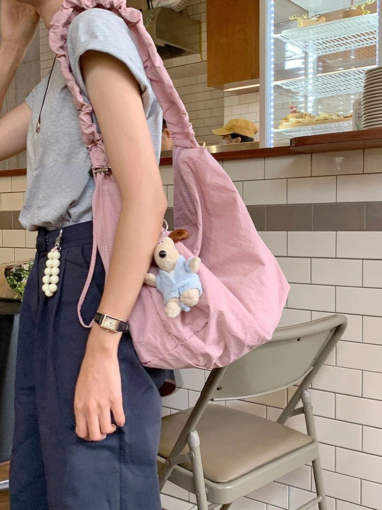 Cute Pink Shoulder Bag Women Pleated Solid Color College Style Fashion Tote Bag Large Capacity Drawstring Elegant Handbag