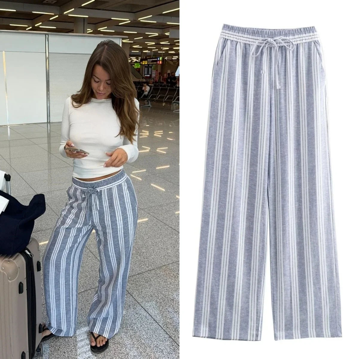 New Women's Fashion and Casual Versatile High Waist Lace Up Straight Slender Striped Pants