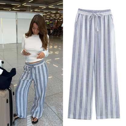 New Women's Fashion and Casual Versatile High Waist Lace Up Straight Slender Striped Pants