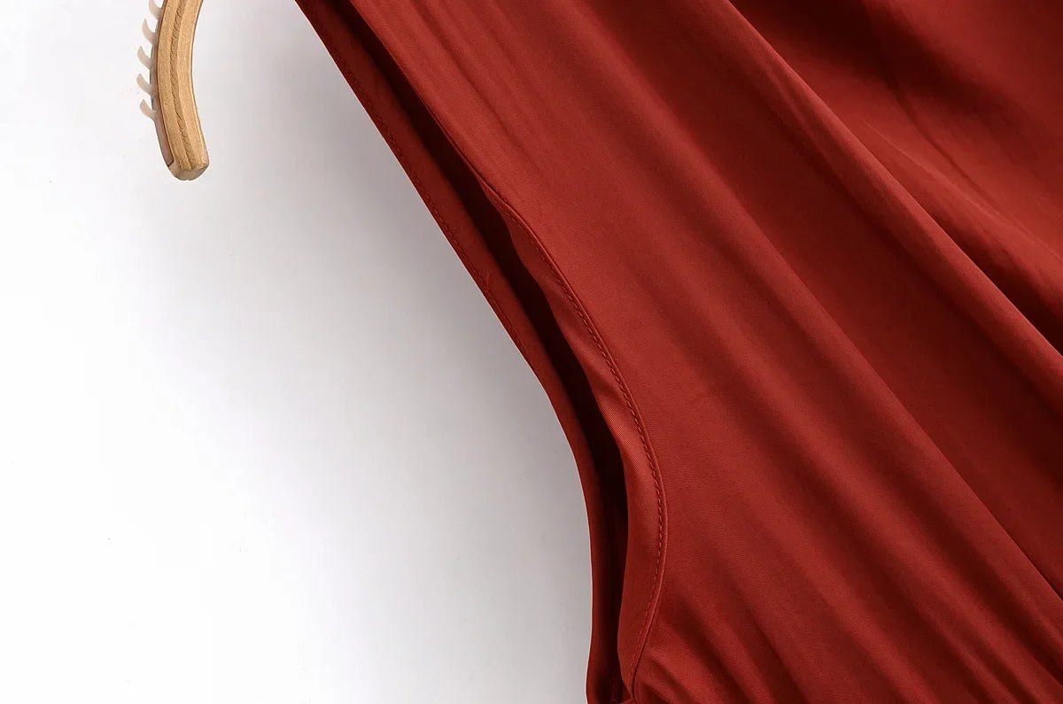 Summer new women's fashion versatile high-end simple round neck sleeveless party silk textured mid-length dress