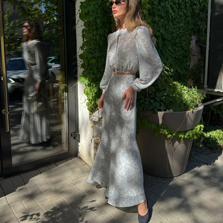 Commute Printed Female 2 Piece-Set Long Skirt Patchwork High Waist Short Top And Slim Maxi Skirt Sets New Women's Outfits