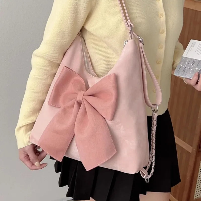 Pink Bow Womens Shoulder Bag Korean Style Fashion Large Capacity Sweet Backpack Cute Exquisite Elegant New Female Tote Bag