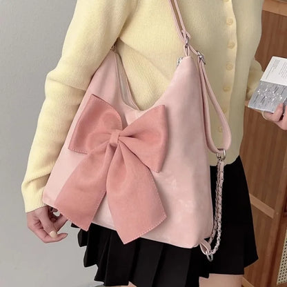 Pink Bow Womens Shoulder Bag Korean Style Fashion Large Capacity Sweet Backpack Cute Exquisite Elegant New Female Tote Bag