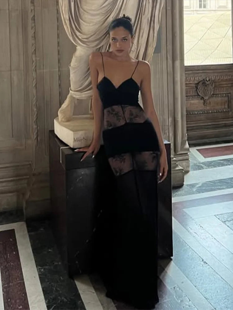 Halter Choker Neck Lace Chevron Panel Sheer Maxi Gown