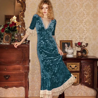 Lace Print Long Dress Women's Elegant V Neck Luxury Party Evening Gown High Waist Vintage Y2k Patchwork Dress Robe