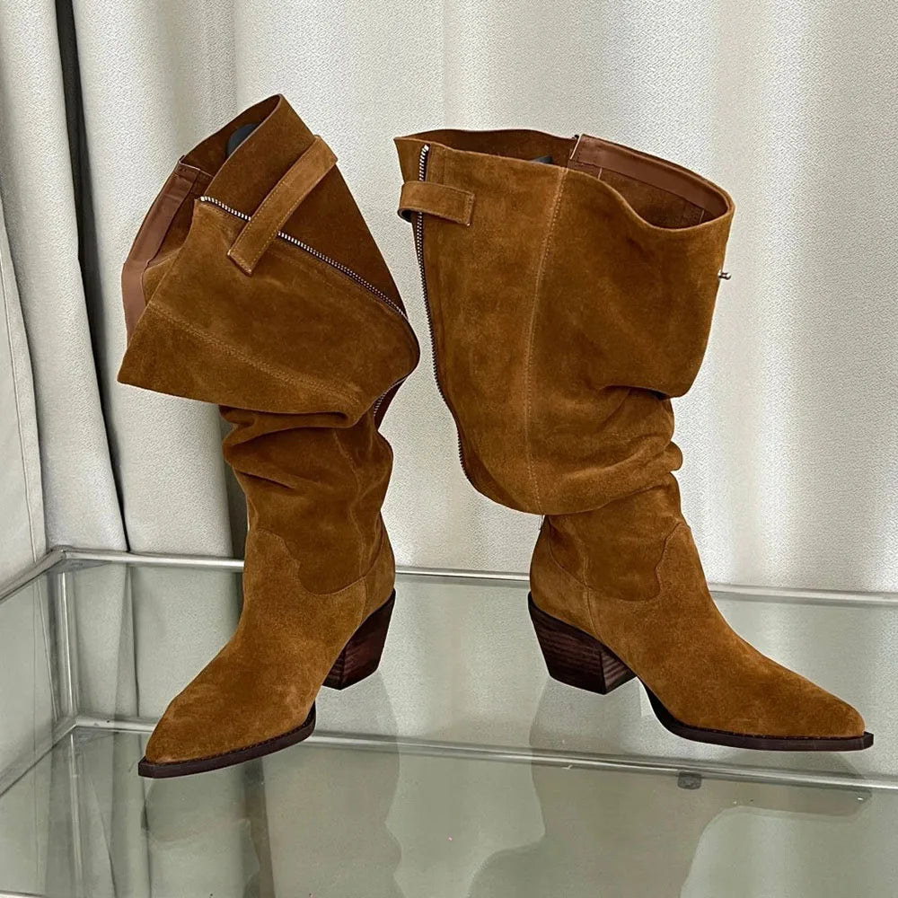 New Wide Leg Maillard style Brown Western Boots Women Pointy Tow Square Heels Vintage Zipper Knee High Boots Shoes