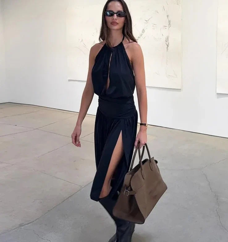 Elegant Women Streetwear Vacation Dresses Sexy Deep V-Neck Halter Dress Black Ruched Backless Lace Up Split Long Dress
