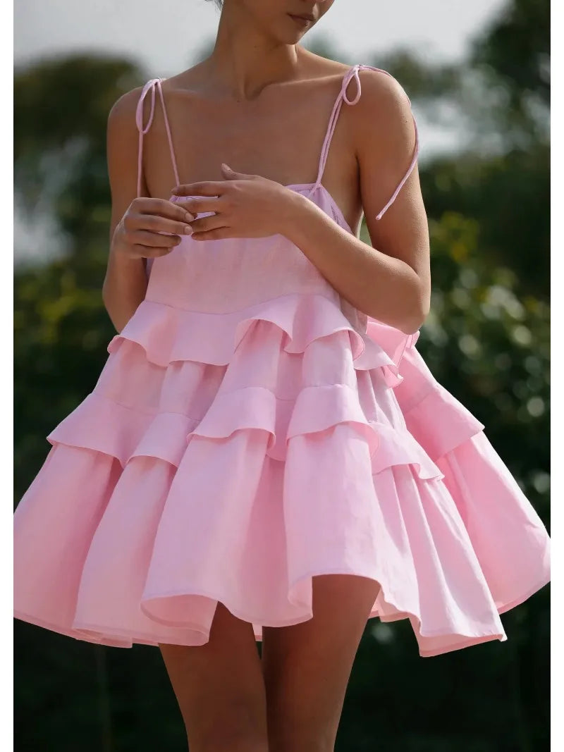 Holiday Beach Sling Mini Dress New Summer Multi-layer Ruffle Cake Dress for Women Short Backless Sleeveless Dress 2024 Vestidos