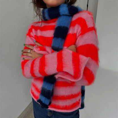 Striped Sweater Women Contrast Color Knitted O-neck Long Sleeve Loose Chic Pullover Female Winter New Top Pollover