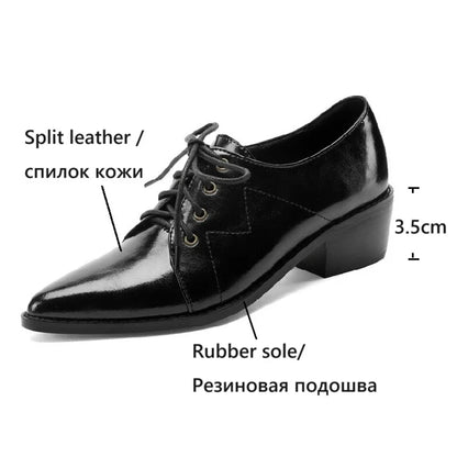 NEW Spring/Autumn Women Pumps Split Leather Shoes for Women Pointed Toe Chunky Heel Shoes Casual Black Lace-up Handmade Shoes