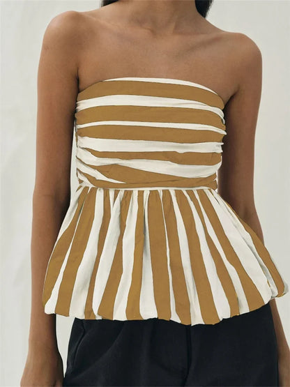 Striped Ruched Cropped Bustier Strapless