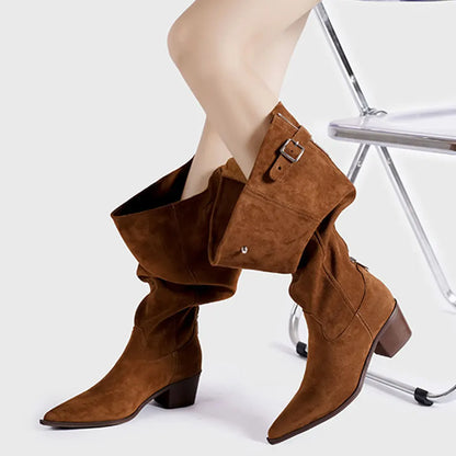 New Wide Leg Maillard style Brown Western Boots Women Pointy Tow Square Heels Vintage Zipper Knee High Boots Shoes