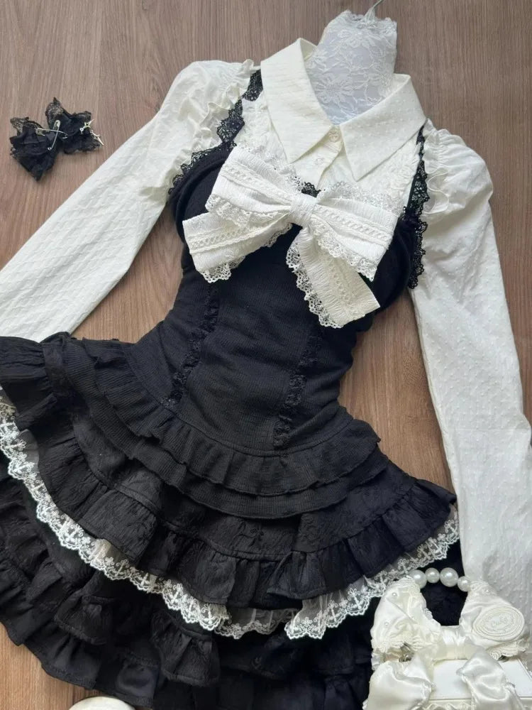 Sweet All-match Fungus Long Sleeve Shirts+ Y2k Sexy Slim Waist Lace Vest+ Hight Waist Ruched Cake Skirts Three Piece Sets
