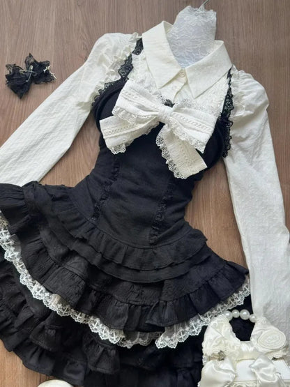 Sweet All-match Fungus Long Sleeve Shirts+ Y2k Sexy Slim Waist Lace Vest+ Hight Waist Ruched Cake Skirts Three Piece Sets