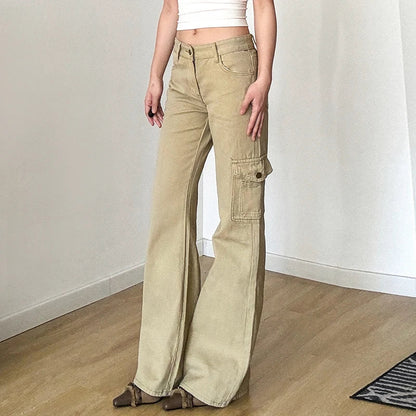 Y2K Casual Women Straight Jeans Khaki Fashion Pocket Cargo Pants Retro 90s Loose Denim Trousers Spring High Street