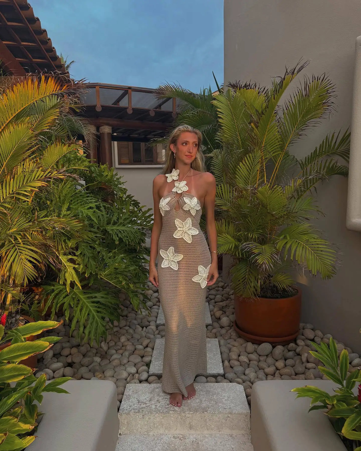 Crochet Halter Keyhole 3D Floral Applique Bodycon Maxi Dress