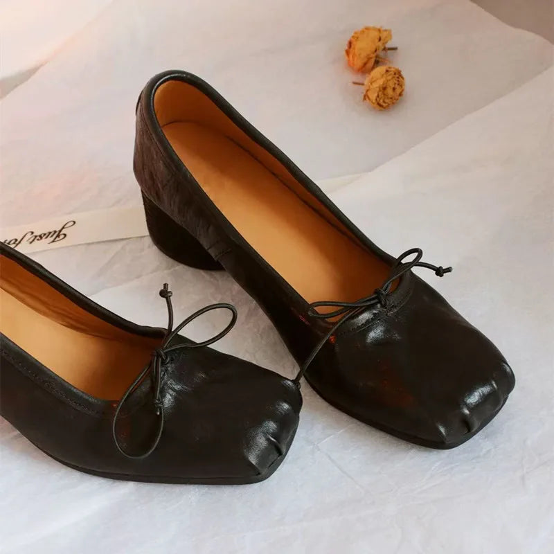 Fashion Square toe Bowknot Soft Leather Women Pumps Spring Summer Ballet Style Thick High heels Casual Chunky Loafer Shoes