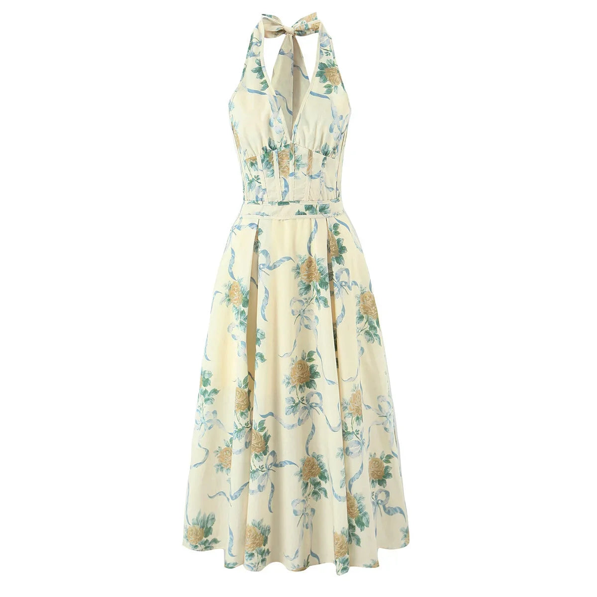 Sexy Deep V Halter Floral Print Dress Women Sleeveless Summer A-line Midi Long Dress Holiday Robe Backless Vestidos