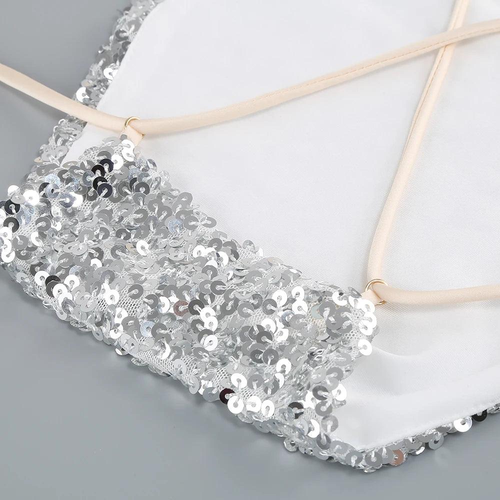 Halter Neck Ring Detail Sequin Crop Top High Slit Skirt Set